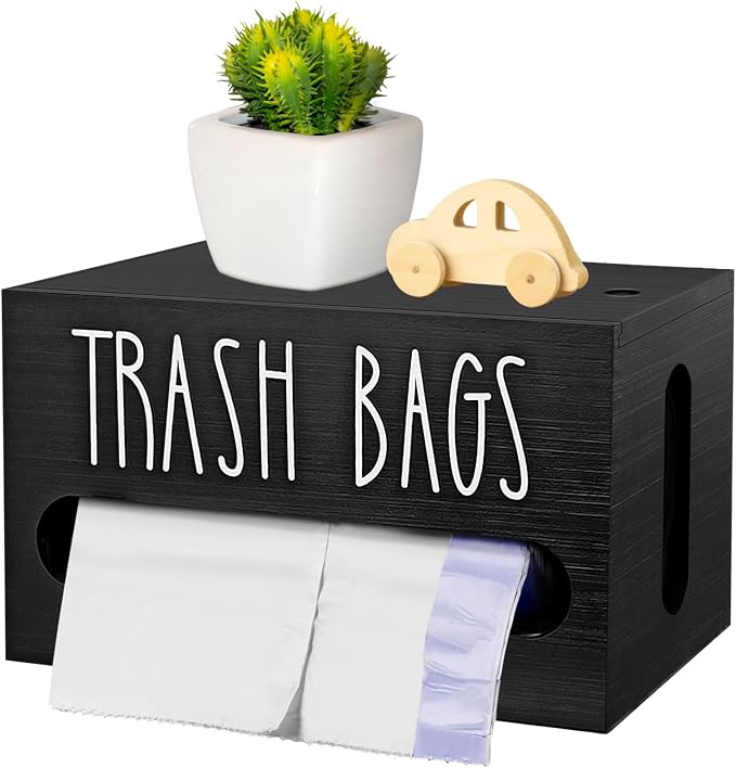 Trash Bag Dispenser,Wooden Trash Bag Dispenser with Lid,Under Sink or Countertop Holder, Plastic Bags Organizer Storage for Home Décor