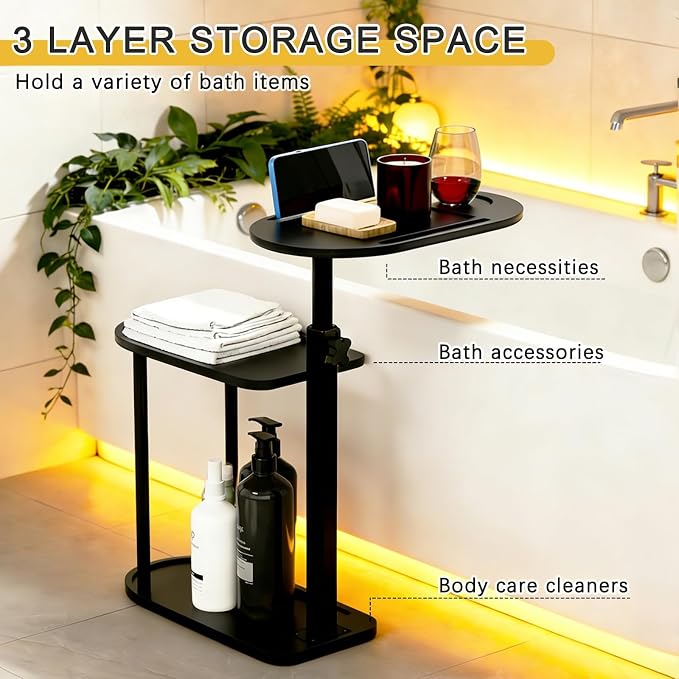 3-Tier Freestanding Bathtub Tray Table, Bamboo Swivel Bathtub Side Table with Height Adjustable Design, Standing Bath Tray for Tub Against Wall, Bathroom Organizer for Luxury Home Spa (Black)