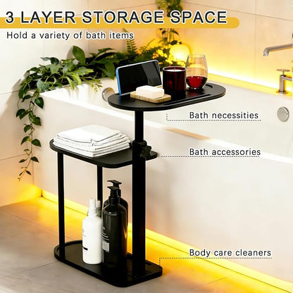 3-Tier Freestanding Bathtub Tray Table, Bamboo Swivel Bathtub Side Table with Height Adjustable Design, Standing Bath Tray for Tub Against Wall, Bathroom Organizer for Luxury Home Spa (Black)