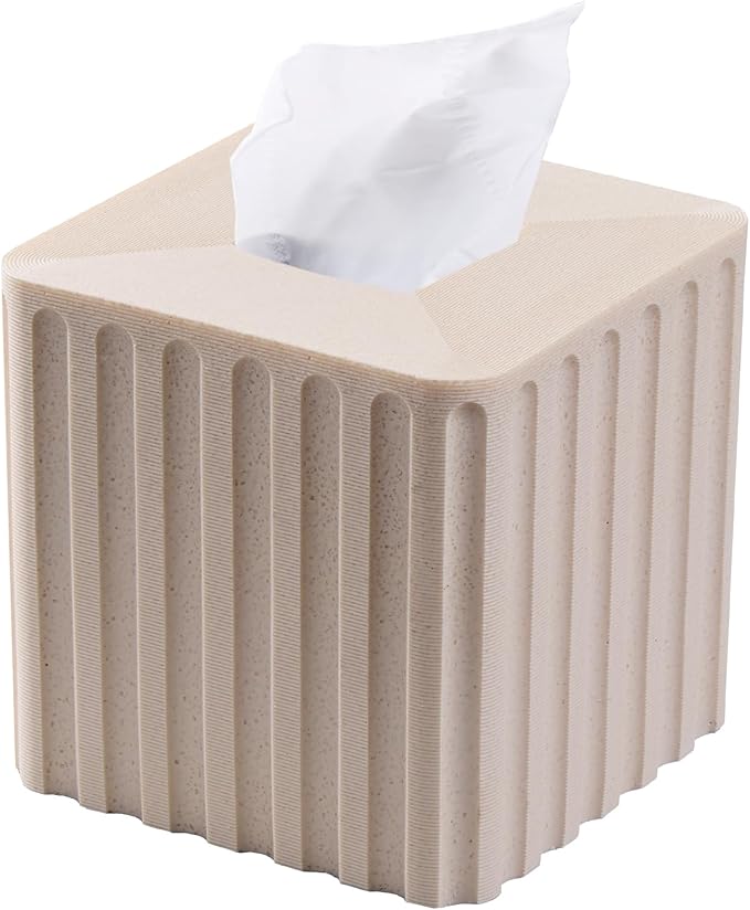 Striped White Sandstone Tissue Box Cover Square for Home Decor,Resin Heavy Tissue Box Holder for Bathroom Countertop,Tabletop,Bedside Table,Office (Handmade of Resin)