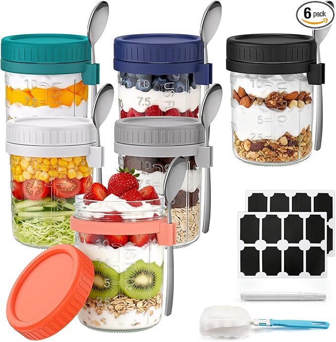 6 Pack Overnight Oats Containers with Lids and Spoons, 16 oz Airtight Oatmeal Container with Measurement Marks, Overnight Oats Jars for Cereal Fruit Vegetable Milk Salad Yogurt Meal Prep