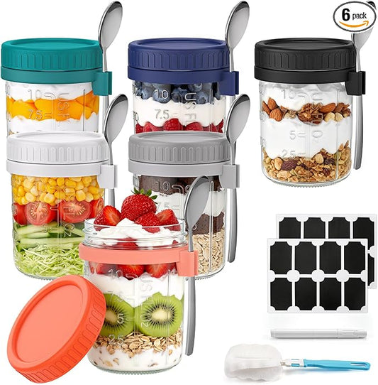 6 Pack Overnight Oats Containers with Lids and Spoons, 16 oz Airtight Oatmeal Container with Measurement Marks, Overnight Oats Jars for Cereal Fruit Vegetable Milk Salad Yogurt Meal Prep