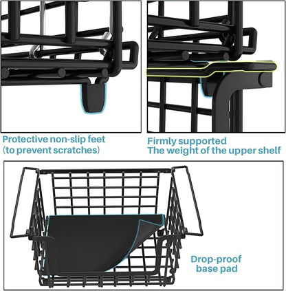 2 Pack Stackable Metal Wire Vegetable Fruit Basket for Kitchen Counter Cabinet, Pantry Organizers and Storage Basket, Food Can Snack Onion Potato Bread Storage Shelf Freezer Organizer Bins Containers