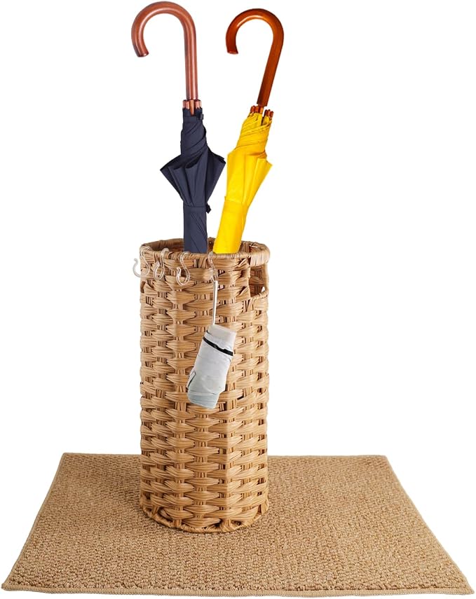 Rattan Umbrella Stand for Entryway,Hand-Woven Umbrella Holder Indoor with Doormat, Removable Drip Tray & 4 Hooks,Waterproof Umbrella Storage Basket