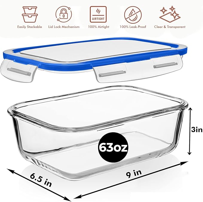 Razab 1860ml / 63 Oz (Pack of 02) Large Glass Food Storage Containers with Airtight Lids, Ideal for Baking, Storing Food, Vegetables & Fruits, BPA Free & Leakproof - Microwave, Oven Safe