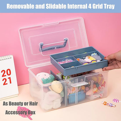 FOREVERIE Clear Plastic Arts & Craft Supplies Organizer Box Large with a Removable Tray & A Partition & Handle, Office Home School Desktop Stationery Storage Box, Medicine Box (Clear & Ocean Blue)