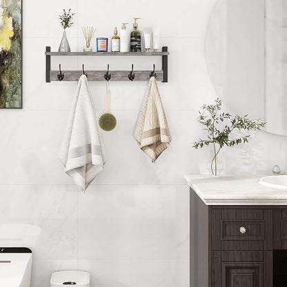 Homode Wall Hooks With Shelf, 24 Inch Coat Rack Wall Mount for Entryway, Clothes, Backpack, Key, Purse - Floating Shelf Hanging in Bathroom, Bedroom, Hallway, Rustic Grey