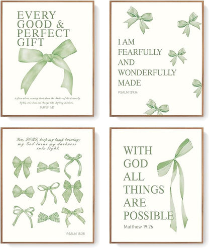 LARTSFRO Coquette Sage Green Bow Wall Art Decor Posters, Sage Green Bow Room Bedroom Bathroom Dorm Wall Art Decor Aesthetic for Teen Girls Gifts, Inspirational Bible Verses Bow Wall Decor, 10x8 Inch Set of 4 Pcs Bow Pictures (UNFRAMED)