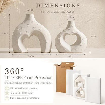 Ceramic Heart Flower Vase Home Decor Set of 2, Farmhouse Table Vases Rustic Vintage Living Room Kitchen Bedroom Decorations for House Book Shelf Office Coffee Desk Dining Fireplace
