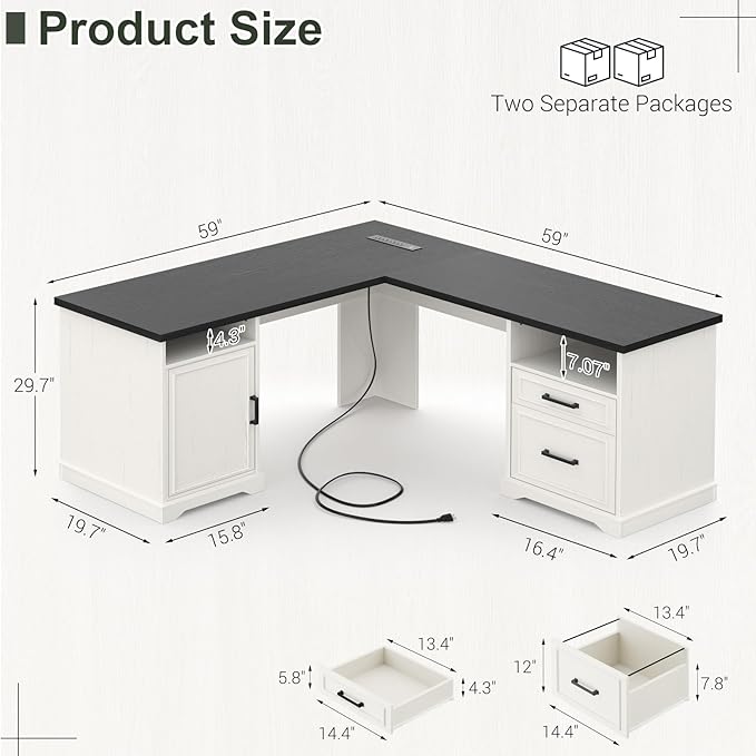 Unikito Farmhouse L Shaped Executive Desk with File Drawers, 60" Corner Computer Desk with Power Outlets, Large 2 Person Home Office Table with Storage Cabinet, Sturdy Writing Desks, White and Black