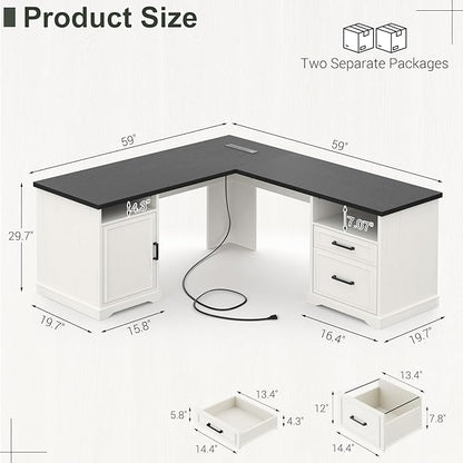 Unikito Farmhouse L Shaped Executive Desk with File Drawers, 60" Corner Computer Desk with Power Outlets, Large 2 Person Home Office Table with Storage Cabinet, Sturdy Writing Desks, White and Black