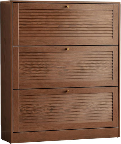 KungFuWood Soild Wood Shoe Storage Cabinet with 3 Flip Drawers for Entryway,Narrow Shoe Rack Cabinet with Adjustable Shelves,Morden Hidden Shoe Organizer,Foyer, Hallway
