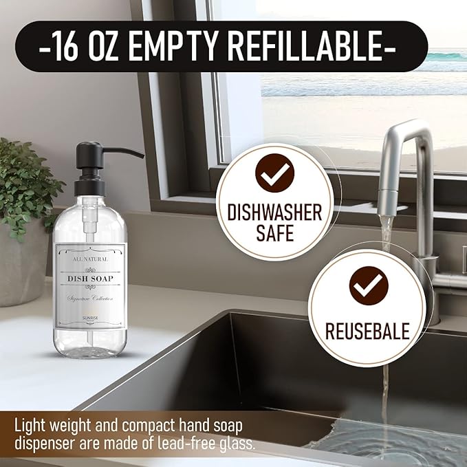 Sunrise Premium 2 Pack Clear Glass Soap Dispenser 16 OZ with Matte Black Stainless Steel Pump, Hand and Dish Soap Dispenser Set for Bathroom and Kitchen Sink with 6 Waterproof Labels