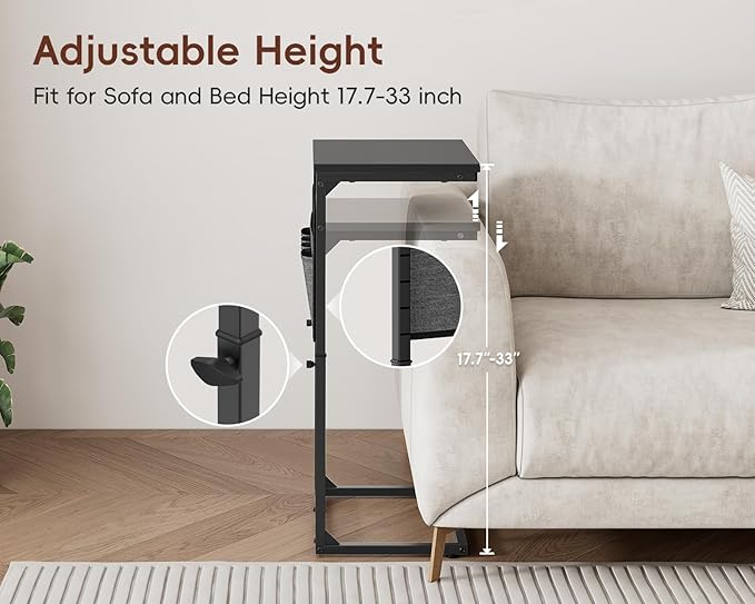 Vagusicc C Shaped End Table with Charging Station, Tall C Table End Table Adjustable Height Side Table for Couch, Small Couch Table Slide Under Sofa Table TV Tray Table for Living Room, Bedroom, Black