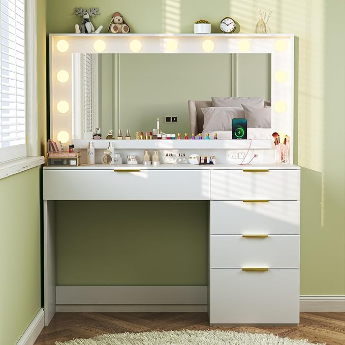 Makeup Vanity Desk with Lights & Large Mirror, 39.3in Vanity Desk with Mirror and Lights, 3 Lighting Color Adjustable, 5 Drawers, for Bedroom