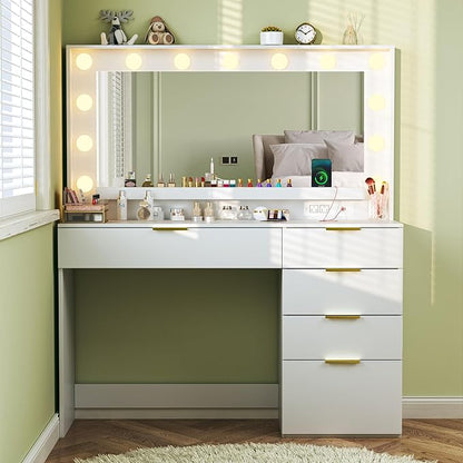 Makeup Vanity Desk with Lights & Large Mirror, 39.3in Vanity Desk with Mirror and Lights, 3 Lighting Color Adjustable, 5 Drawers, for Bedroom