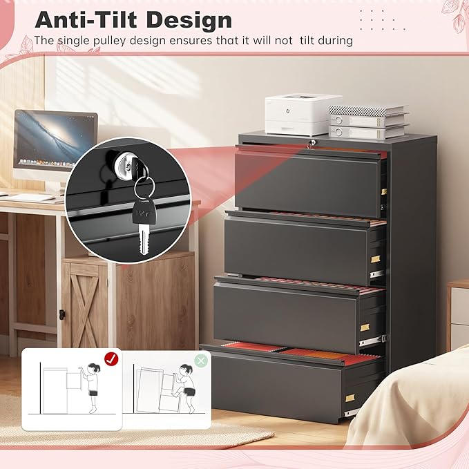 Superday Lateral File Cabinet 4 Drawer Metal File Cabinet with Lock, Black Filing Cabinets for Home Office, Locking Filing Cabinets Hanging Files Letter/Legal/F4/A4