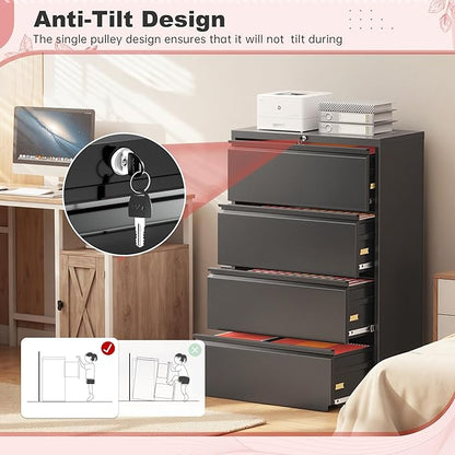 Superday Lateral File Cabinet 4 Drawer Metal File Cabinet with Lock, Black Filing Cabinets for Home Office, Locking Filing Cabinets Hanging Files Letter/Legal/F4/A4