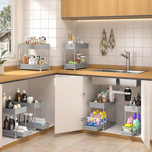 Sevenblue 3 Pack Under Sink Organizers,2-Tier Multi-Use Kitchen and Bathroom Organizers and Storage with Sliding Drawers,Bathroom Cabinet Organizer (Gray, 12.8 Inch)