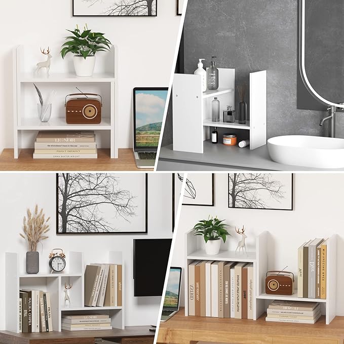 TY ARTS & CULTURE - Expandable Wood Desktop Storage Organizer Multipurpose Desk Bookshelf Display Shelf Rack Counter Top Bookcase for Office Home | White