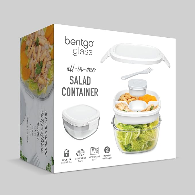 Bentgo Glass Salad Container - 7.6-Cup Salad Bowl with Airtight Lid, Leak-Proof Sauce Container, 4-Compartment Bento Tray & Reusable Fork - BPA-Free for Meal Prep, Office & More (White)