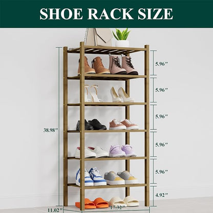Smiry Small Bamboo Shoe Rack, 6 Tier Free Standing Wooden Shoe Organizer, Stackable Wood Shoe Storage Shelf for Closet, Entryway, 14 Vertical Slats, 2+2+2 Stack Thicker Legs, 17.3"x11"x39", Walnut
