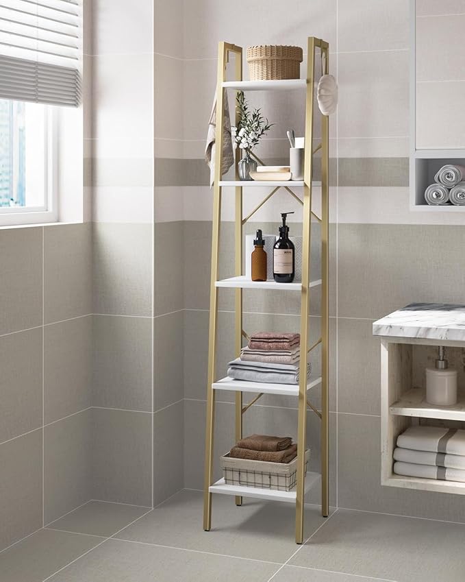 Ladder Shelf, Bookshelf Bookcase, Freestanding Corner Storage Shelve with 2 Hooks for Home Office, Living Room, Kitchen, Bedroom, Industrial, 11.8" D x 13.4" W x 63" H, White Gold BC03213G