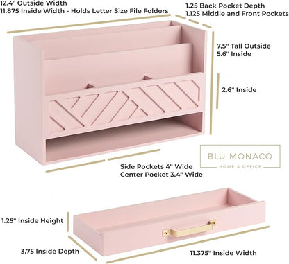 BLU MONACO | Pink Desk Organizers Wooden Mail Organizer with Drawer | Mail Sorter Organizer Countertop Gold Handle | Desk Organizers and Accessories Pink Office Storage