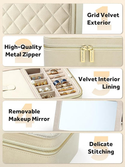 Velvet Travel Jewelry Box with Large Mirror, Double-Layer Jewelry Organizer Case for Women and Girls, Portable Storage Case with 6 Anti-Tarnish Bags Gift Ready for Her (Beige)