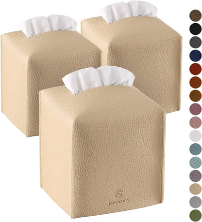 Tissue Box Cover, Jeethemy Square PU Leather Tissue Box Holder, Modern Tissue Case Facial Paper Organizer Dispenser，5X5X5'',Three Beige