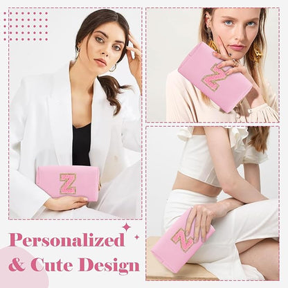 Personalized Initial A-Z Preppy Patch Makeup Bag,Small PU Leather Chenille Letter Cosmetic Bag with Zipper for Teen Girls,Pink Cute Travel Toiletry Bag,Birthday Monogrammed Gift for Daughter,Letter Z