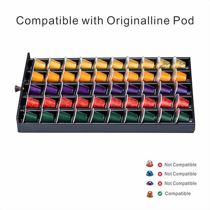 ZCDCP Coffee Pod Holder, Black Nespresso Original Pod Holder, Coffee Capsule Storage Drawer with Crystal Tempered Glass Top, 50 Pods