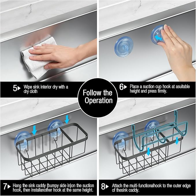 HOKEMOM Kitchen Sink Caddy Organizer with Sponge Holder & Multifunctional Hooks - Dual Suction Cups (18.5lb Hold), 2.0mm Stainless Steel Grey Rust-Proof, Non-Slip, 7.09" x 4.33" x 2.76"