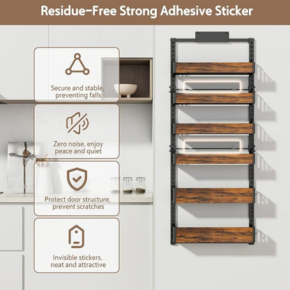 Over the Door Pantry Organizer: Pantry Organization and Storage with Hanging Basket - 6-Tier Adjustable Shelves Metal Spice Rack for Kitchen Laundry Room Bedroom & Bathroom