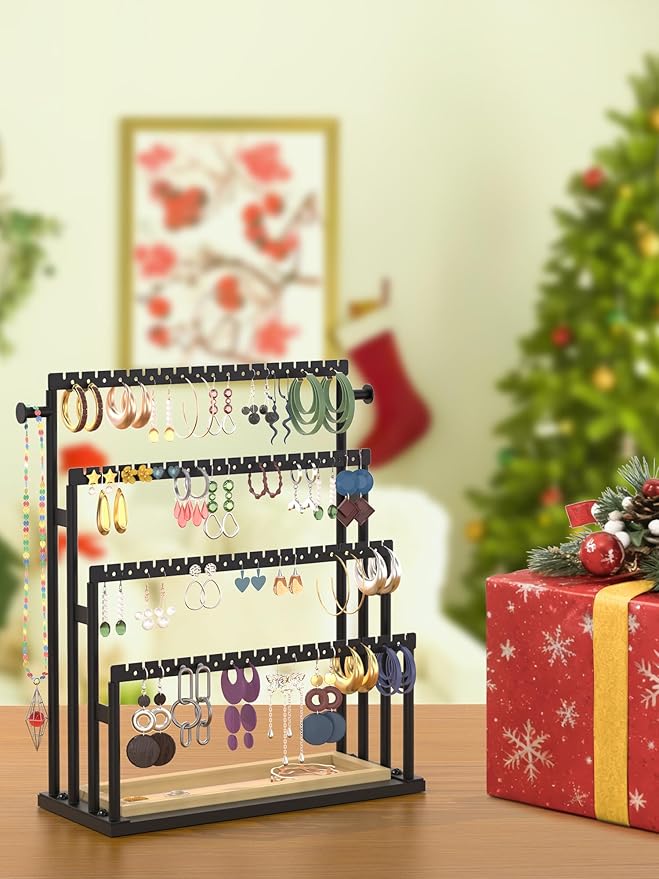 Earring Holder Organizer, 4-Tier Metal Jewelry Display Stand with Wooden Storage Organizer, Large Earring Holder for Studs, Hoops, and Dangles, Modern Jewelry Organizer for Women