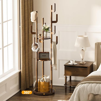 Yoobure Rotary Coat Rack Freestanding - Solid Wood Coat Tree with 9 hooks & 3 Storage Shelves for Purse, Bag, Jacket, Hat, Corner Hanger Stand Racks for Hall, Entryway, Office, Modern Clothes Holder