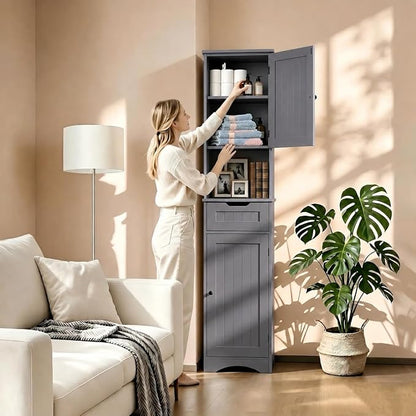 Gizoon 67" H Tall Bathroom Cabinet, Storage Cabinet with 2 Doors & Drawer, Narrow Linen Tower Freestanding Adjustable Shelves for Home, Kitchen, Versatile, Anti-Tipping, Grey