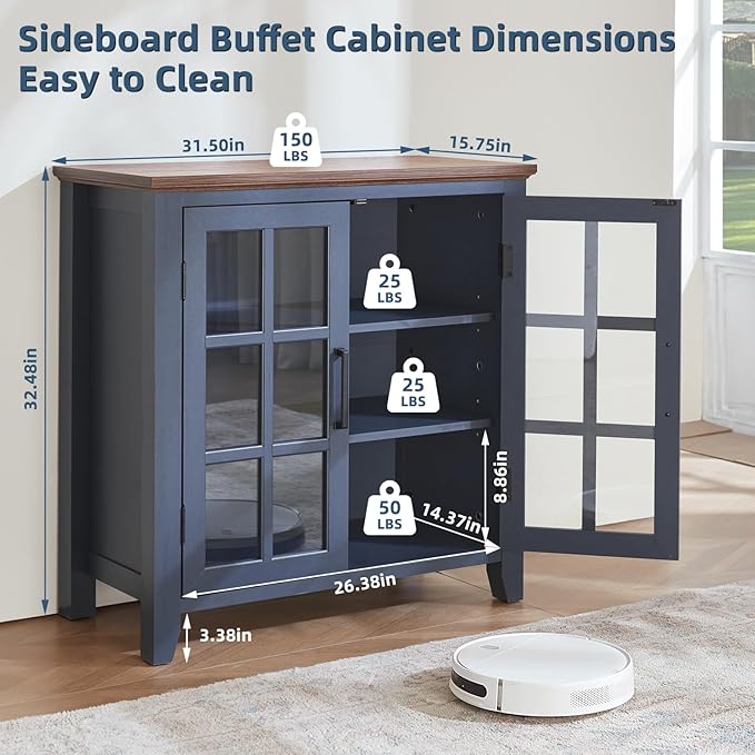 Large Sideboard Buffet Cabinet with Storage, 32" Farmhouse Kitchen Coffee Wine Bar Cabinet with 2 Glass Doors, Wood Mid Century Modern Side Board Table for Dining Room, Living Room, Navy Blue