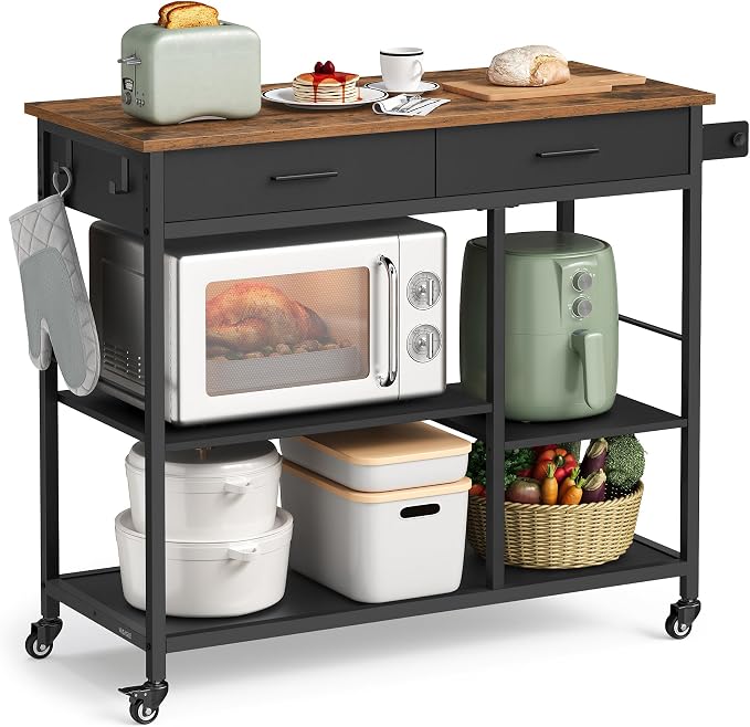 VASAGLE Kitchen Rolling Island, Mobile Kitchen Cart with Storage on Wheels, 17.7 x 38.8 x 35.4 Inches, Towel Rack, 2 Drawers, 2 Hooks, for Dining Room, Rustic Brown and Ink Black UKKI010KD01