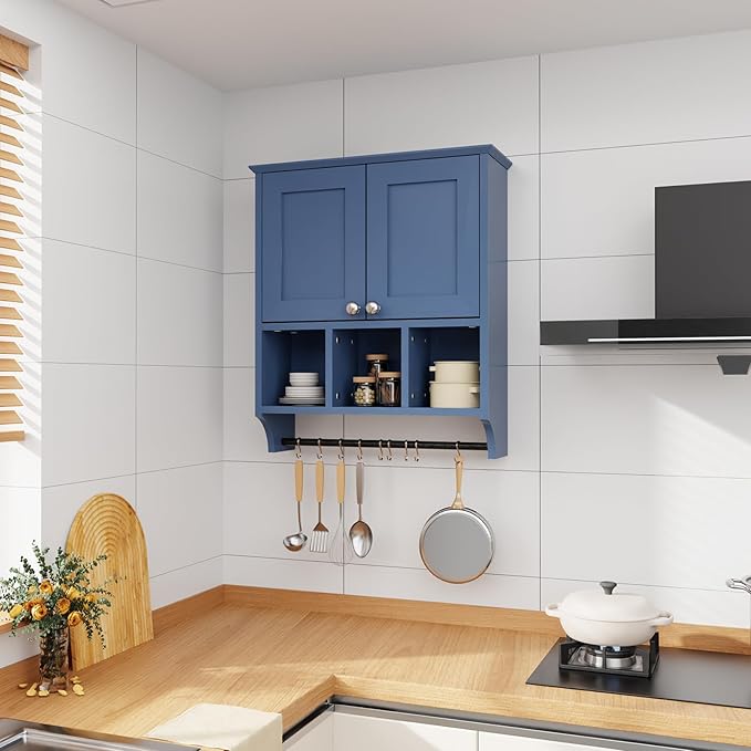 Over-The-Toilet Bathroom Storage Cabinet with Towel Bar, Space-Saving Wall Mounted Medicine Cabinet, 2 Doors & 1 Adjustable Shelf, Easy Install Blue Finish for Bathroom, Kitchen, Living Room