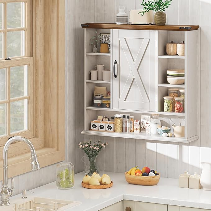 Bathroom Wall Cabinet, Farmhouse Medicine Cabinet with Adjustable Shelves and Barn Doors, Large Wall Mounted Over the Toilet Storage Cabinet for Bathroom, Laundry Room, Kitchen, Rustic White and Brown