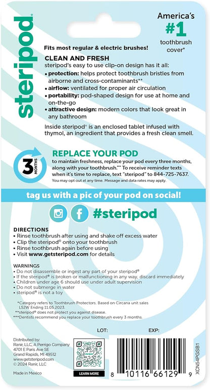 Steripod Clip-on Toothbrush Protector, Green/Silver, 2 Count