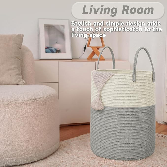 JMvicyroam Large Woven Laundry Basket Hamper,100L Cotton Rope Storage Bin for Blankets,Toys and Clothes,Decorative Tall Nursery Hamper for Living Room,Baby Nursery,Bathroom and Bedroom,White and Grey