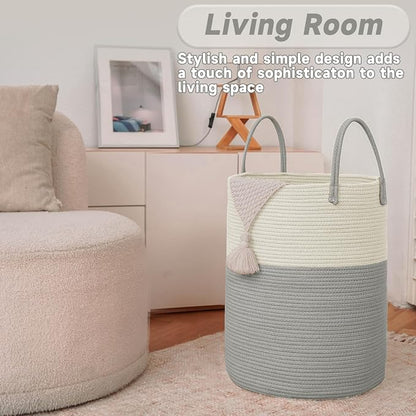 JMvicyroam Large Woven Laundry Basket Hamper,100L Cotton Rope Storage Bin for Blankets,Toys and Clothes,Decorative Tall Nursery Hamper for Living Room,Baby Nursery,Bathroom and Bedroom,White and Grey