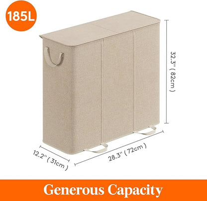 Lifewit Triple Laundry Hamper with Lid and Removable Laundry Bags, Large Collapsible 3 Dividers Dirty Clothes Basket with Handles for Bedroom, Laundry Room, Closet, Bathroom, College, 185L Beige