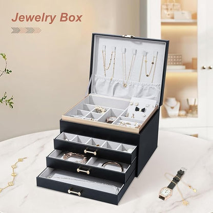 Jewelry Boxes for Women, Large Jewelry Storage Boxes, 4-Layer Leather Jewelry Organizer with 3 Drawers, Jewelry Display Case Gift for Women Girls, Black