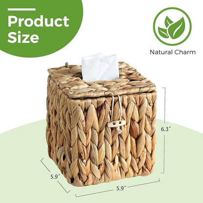 Rattan Tissue Box Cover with Lid, Wicker Tissue Box Holder Square, Hand Woven Cube Tissue Box Cover Tissue Holder for Bathroom Living Room Kitchen Office, Natural
