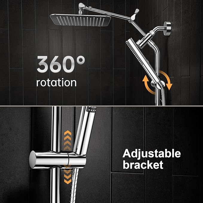 Veken All Metal 10" Shower Head with Handheld, Luxurious Square Double Rain Shower Heads with Spray Combo, Dual High Pressure Detachable Rainfall Showerhead with Extension Arm, Long Hose,Chrome,Sliver