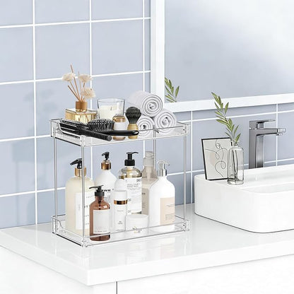 2 Tier Bathroom Counter Organizer, Clear Bathroom Counter Shelf for Vanity Countertop, Kitchen, Sink Storage, Tiered Skincare Organizer for Makeup, Perfume, Beauty Supplies (Rectangular)