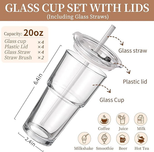 Iced Coffee Cups with Lids: Coffee Bar Accessories - Tumbler Leak Proof for To Go Iced Coffee Cups with Lids 4 Pack - 20 oz Glass Cups with Lids and Straws - Thickened Glass Tumbler with Straw and Lid